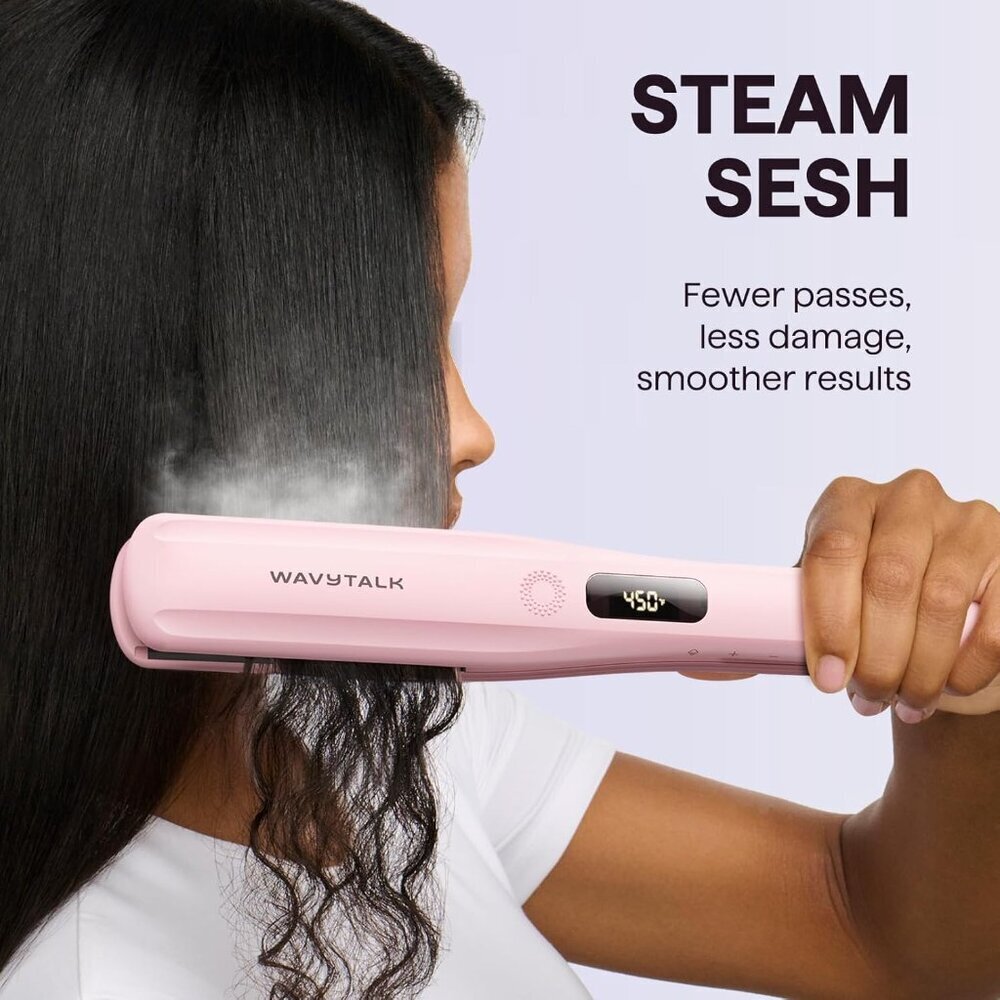Steam Hair Straightener Titanium Flat Iron with Detachable Comb Pink - Picture 2 of 7
